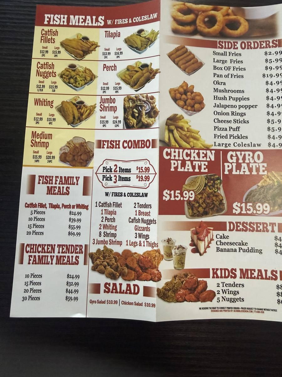 The Chick Fish printed menu with fish meals, sides, combos, family meals and kids meals